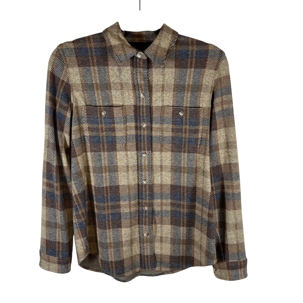 Faherty Legend Sweater Shirt Tan Blue Plaid Knit Button Down Small‎ Cozy Fall